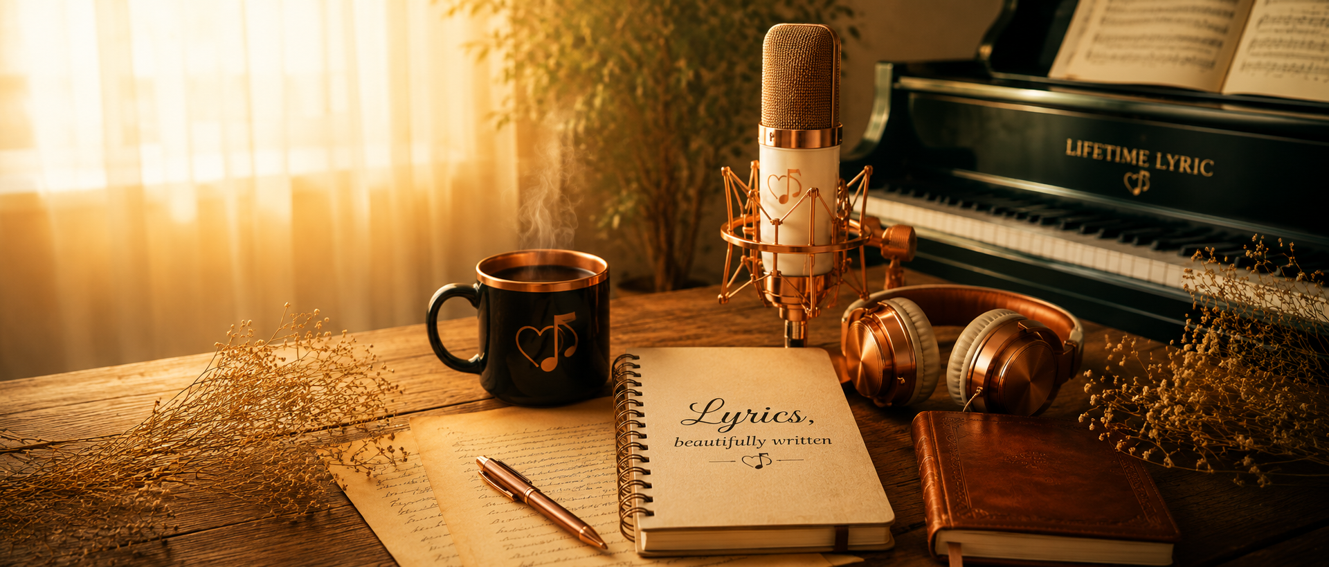 Recording studio with condenser microphone and warm lighting